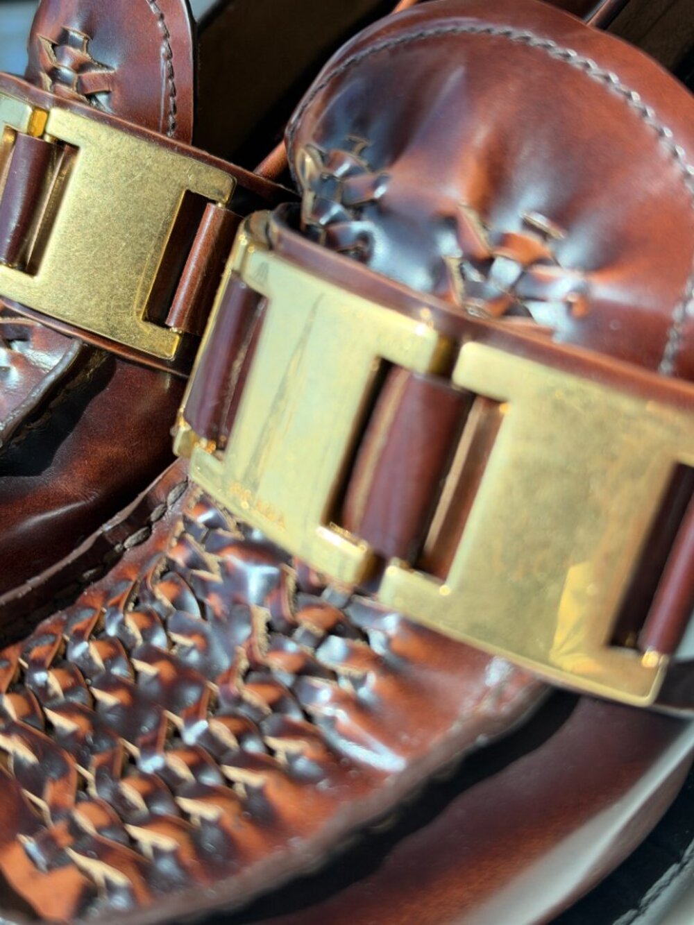PRADA Leather Woven Heeled Loafers Gold Buckle w/ Box - Picture 8 of 8